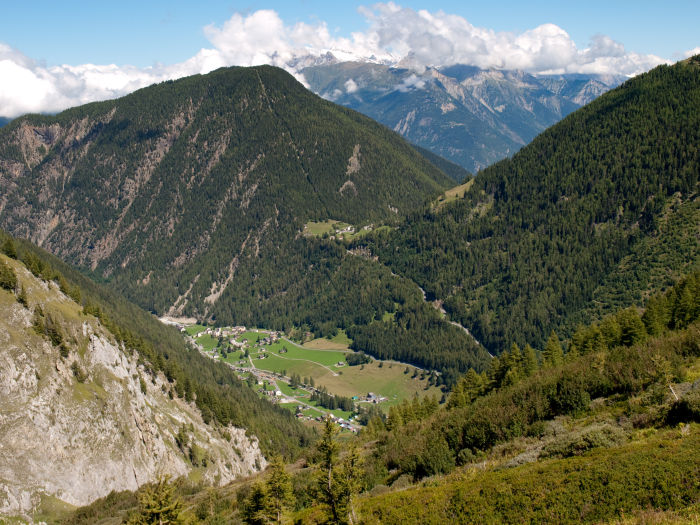 Trient (4268 ft) and Col de La Forclaz (5017 ft) in the valley below