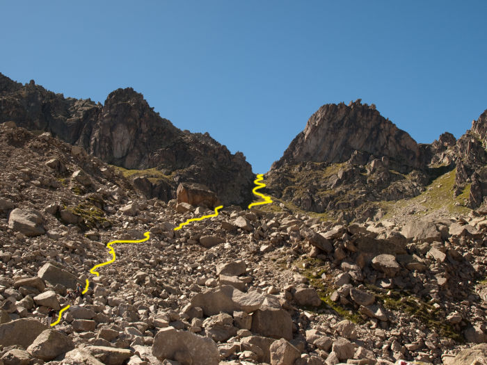 The trail coming down from the pass through a boulder field